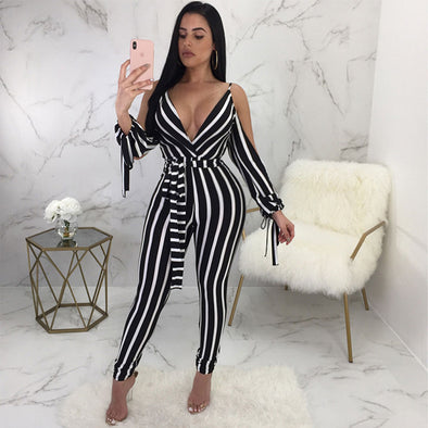 Striped Long Rompers Jumpsuits Backless Women Sexy Deep V Neck Split Long Sleeve Cold Shoulder Bodycon Long Pants Overalls