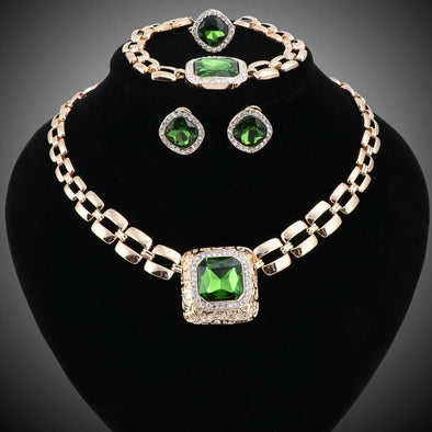 Bridal Women Emerald Crystal Chain Necklace Bracelet Earrings Ring Jewelry Set