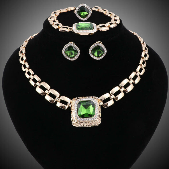 Bridal Women Emerald Crystal Chain Necklace Bracelet Earrings Ring Jewelry Set