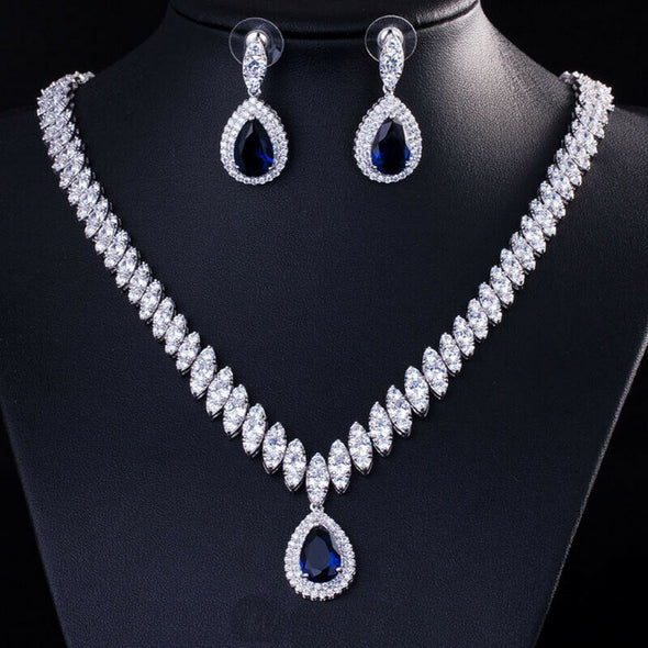 White Gold CZ Blue Crystal Water Drop Dangle Necklace Earring Bridal Jewelry Set.