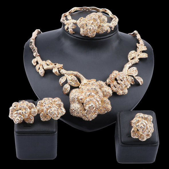 Women elegant Gold Rose Flower Crystal Necklace Wedding Decoration Jewelry Set