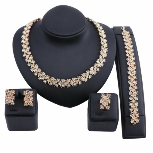 Womens gold Color Jewelry Sets Wedding Crystal Statement Necklace Earrings