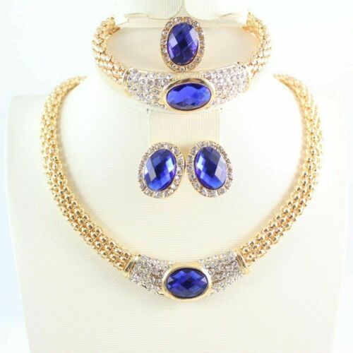 Women Gold/Silver Sapphire Crystal Necklace Bracelet Earring Jewelry Set